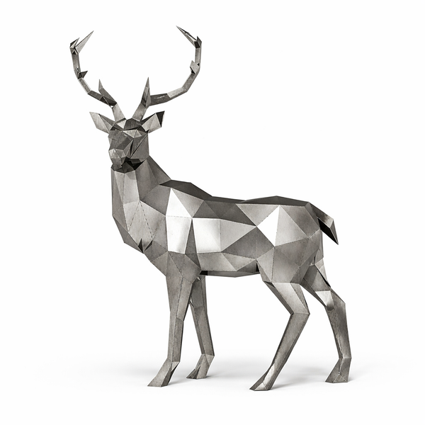 Sculpture de cerf en métal découpé au laser avec design géométrique moderne.